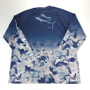 Huk Performance Fishing Shirt Mens Large Blue Camo Print Marlin Print on Back